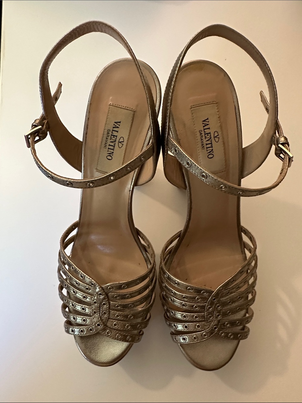 VALENTINO runway metallic platform with ankle strap anc grommet detail